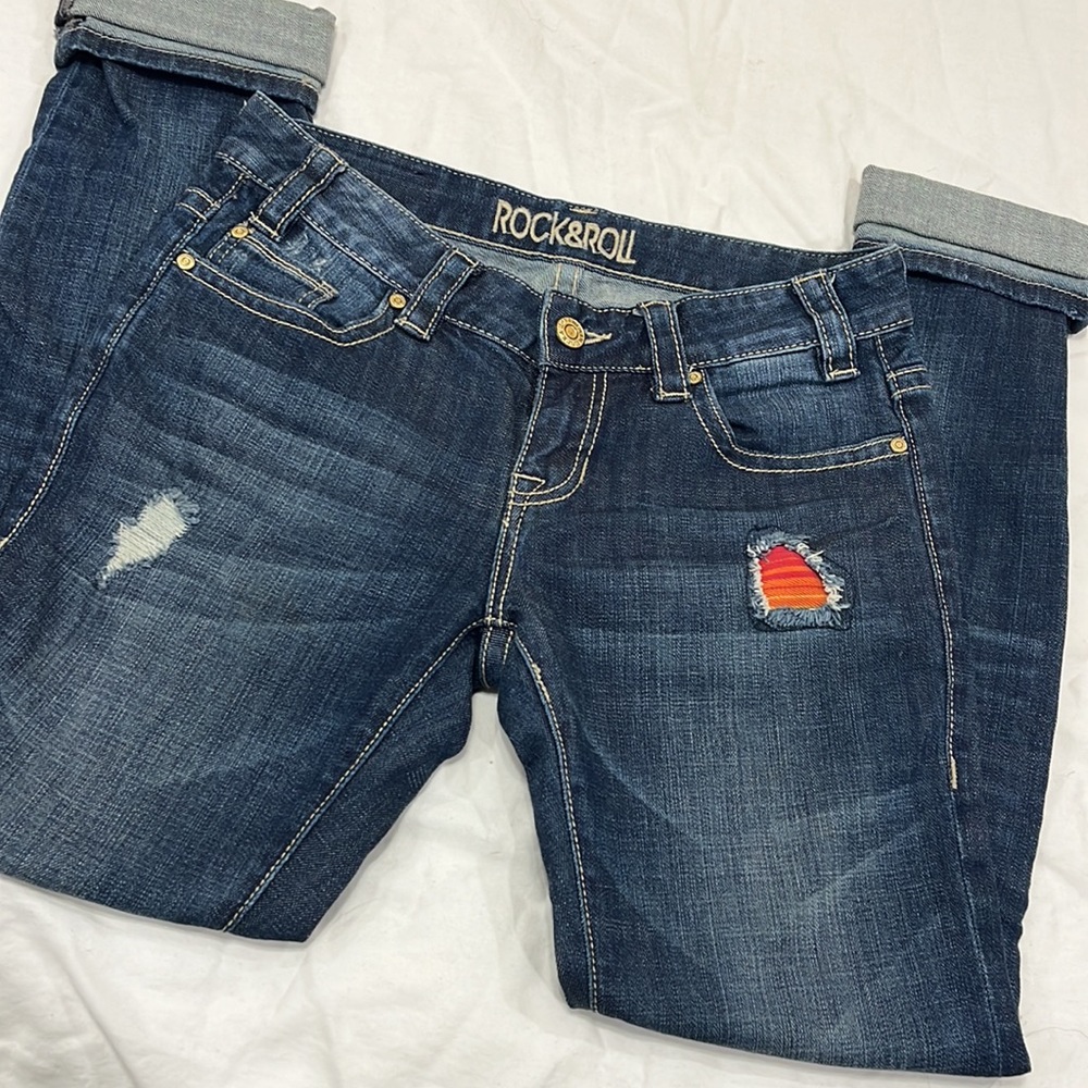 Like new rock & roll double roll skinny jeans with serape patches & holes - Picture 5 of 6